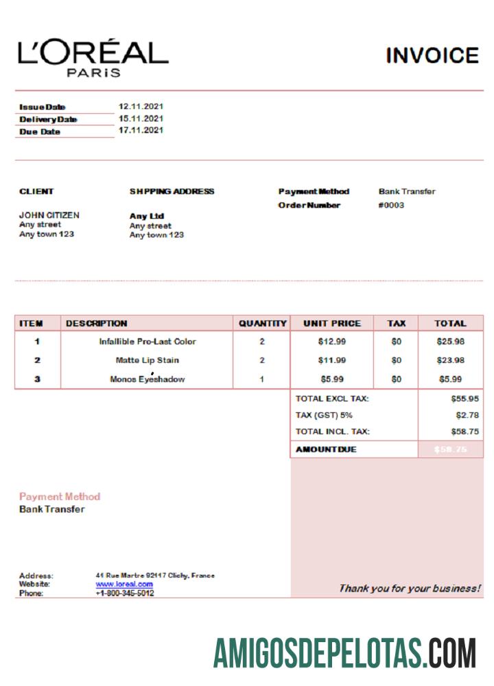 Fatura da L'oreal Paris nos EUA modelo